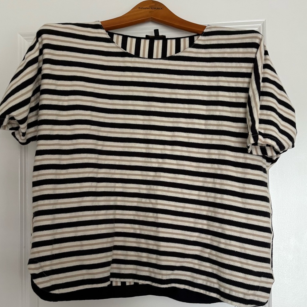Massimo Dutti Black and White Striped Short Sleeve Top